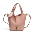 Pink litchi texture bucket bag with silk scarf handle and golden padlock charm - Large / Pink