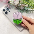 Dettaglio di un supporto per telefono a tulipano in cristallo rosa con foglie verdi - Supporto Magnetico / Tulipano - Viola