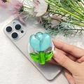 Dettaglio del supporto Griptok tulipano in resina con petali blu e foglie verdi - Supporto Magnetico / Tulipano Blu