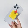 Close-up of cute yellow acrylic bear phone grip with a red hat on a white background - Yellow Bear