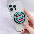 Detail of bohemian magnetic phone grip with turquoise beads on a white smartphone - Striped Turquoise Pattern Style (1)