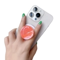 Close-up of bright orange marble pattern phone grip stand mounted on a white smartphone - Magnetic Stand / Orange Scallop