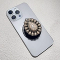 Close-up of vintage teardrop marble stone phone grip with electroplated metal trim - Teardrop Marble Pattern Style (松石-3)