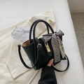 Chic black litchi texture bucket bag with gold lock and geometric silk scarf - Black