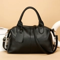 Classic black litchi grain leather Boston handbag with gold hardware and dual handles - Black