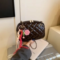 Deep coffee quilted camera bag with chain strap and colorful floral tassel charm - With Pendant / Brown