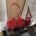 Glossy reddish brown minimalist pillow bag with vintage buckle pockets and long handles - Red