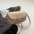 Beige and khaki patchwork saddle bag with silver square G-buckle and slim strap - Khaki