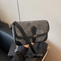 Borsa a tracolla in denim grigio scuro con finiture in pelle nera e fibbia dorata - Marrone Scuro