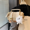 Chic beige straw handbag with PU leather trim and a white faux fur pompom charm - White