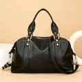 Classic black lychee pattern leather boston bag with gold hardware and shoulder strap - Black