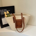 Minimalist beige woven tote bag with contrast brown faux leather pocket and shoulder strap - Off White