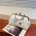 Vintage cream embroidery handbag with floral patterns and a metallic round handle - Blue