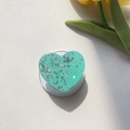 Close-up of mint green heart-shaped glitter phone grip with silver sequins and glitters - Magnetic Stand / Green Silver Foil Glitter Heart