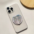 Detail of heart-shaped glitter phone grip with iridescent sequins on a white smartphone - Magnetic Stand / Translucent Heart - Heart Shape