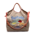 Sac cabas en nylon kaki avec broderie légumes colorés et anses en corde rayée - Kaki
