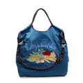 Sac fourre-tout bleu en nylon avec broderie légumes, anses tressées et bandoulière réglable - Bleu clair