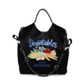 Borsa tote nera in nylon con ricami vegetali colorati e manici intrecciati a scacchi - Nero