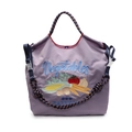 Borsa tote in nylon viola con ricami di verdure colorate e manici intrecciati - Viola