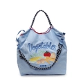 Sac fourre-tout en nylon bleu clair avec broderie légumes et poignées tressées noires - Rose bonbon