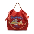 Sac fourre-tout rouge en nylon avec broderie légumes et poignées en corde tressée - Rouge