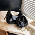 Glossy black patent leather crescent underarm bag with gold chain in two sizes - Black