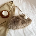 Brown faux fur shoulder bag with slender leather strap and white plush ball charm - Brown