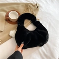 Trendy black faux fur dumpling bag with gold chain and white pompom charm details - Black