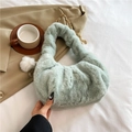 Light pea green faux fur dumpling bag with gold chain strap and plush pompom charm - Green