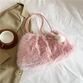 Pink faux fur shoulder bag with soft plush texture and white fluffy pompom charm - Pink