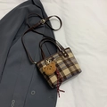 Vintage plaid wool handbag with brown leather straps and cute plush bear charm - Lattice Coffee