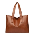 Grande borsa tote minimalista in pelle PU marrone con trama litchi e tracolle - Marrone Giallastro