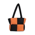 Minimalist orange and black checkerboard quilted puffer tote bag with padded handles - Black