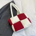Quilted checkerboard tote bag in red and white puff pattern with long shoulder straps - Red and White
