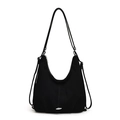 Minimalist black canvas Hobo tote bag with adjustable shoulder strap and silver metal detail - Black