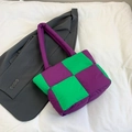 Quilted tote bag with purple and green contrast grid design on a white bed sheet - Purple Green Contrast