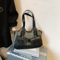 Borsa tote retrò in pelle grigia satinata e nera con doppie tasche frontali e hardware argento - Verde Scuro