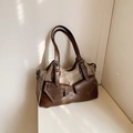 Borsa tote retrò in pelle marrone e tela con rivetti vintage e tasche esterne - Marrone