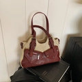 Borsa tote patchwork retrò in tela beige e pelle rosso scuro con dettagli zip argentati - Borgogna