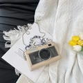 Borsa a tracolla beige a forma di fotocamera con finestra trasparente e catena in nastro - Cachi