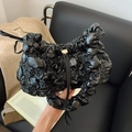 Bolso nube fruncido negro en material brillante con cierre de cordón ajustable - Negro