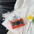 Bright orange camera shaped crossbody bag with silver chain strap and silk scarf - Orange