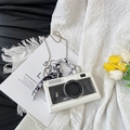 White camera-shaped crossbody bag with transparent window, chain strap and floral scarf - White