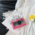 Pink camera-shaped crossbody bag with transparent window, feathers and floral silk scarf detail - Pink