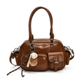 Sac bowling rétro marron en cuir PU brillant avec breloque de baseball et poches - Avec pendentif baseball / Marron