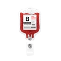 Macro detail of retractable blood bag badge reel with glitter and B-type medical text - Type B Blood Bag
