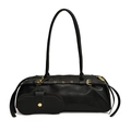 Elegante borsa baguette in pelle nera con fibbia dorata e piccolo astuccio rimovibile - Nero