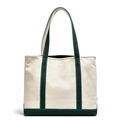 Bolso tote grande de lona crema con ribete verde oscuro y asas en contraste - Verde