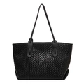 Large black woven tote bag with slim shoulder straps and cross-weave texture - Black