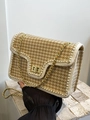 Luxe beige woven shoulder bag with pearl trim and golden chain strap for summer - Brown Plaid / Small